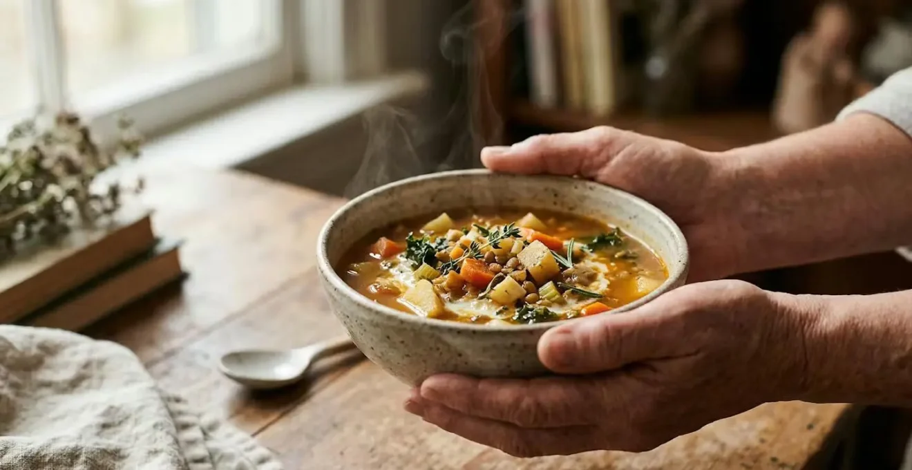 Bol de soupe fumante aux légumes d'hiver avec vapeur s'élevant, symbolisant la chaleur digestive et l'énergie Qi