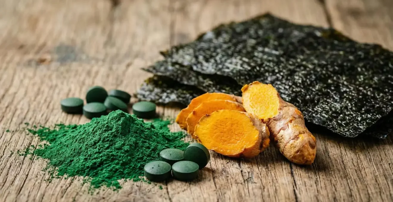 Arrangement artistique d'algues spiruline, curcuma doré et légumes verts sur surface naturelle