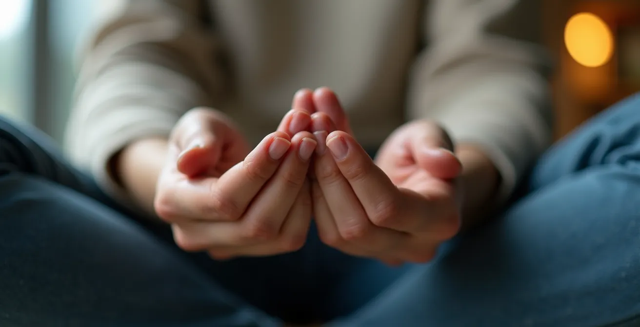 Vue macro de mains posées sur les genoux en position de méditation, bureau flou en arrière-plan