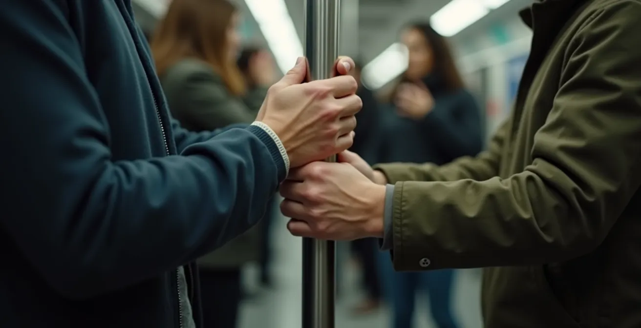 Gros plan sur les mains d'une personne tenant une barre de métro, respirant calmement avec des voyageurs flous en arrière-plan