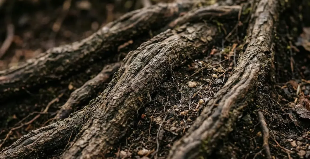 Racines profondes d'un arbre s'étendant dans la terre, symbolisant l'ancrage énergétique et la stabilité intérieure
