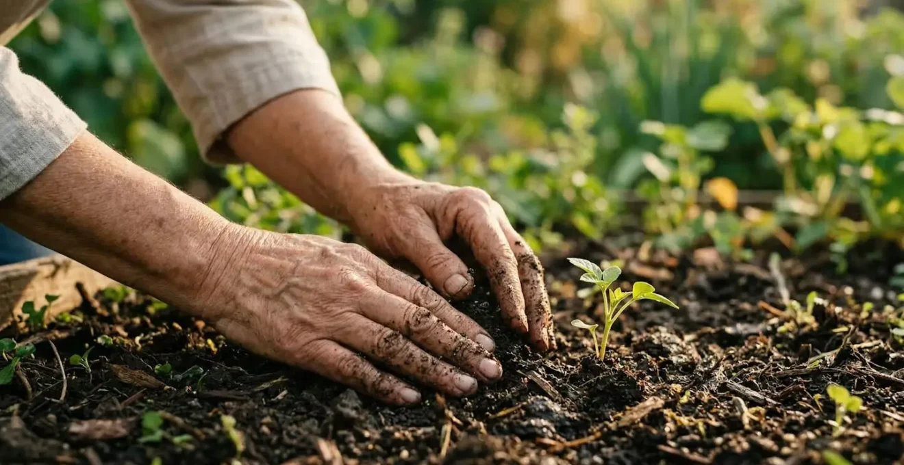 Mains travaillant la terre dans un jardin, symbolisant l'ancrage spirituel dans le quotidien matériel