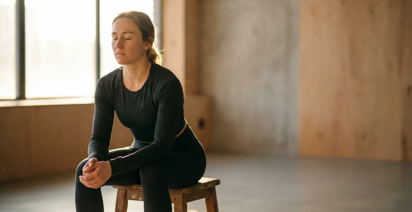 Athlète en position de concentration avec les yeux fermés, lumière dorée symbolisant la visualisation mentale et la performance