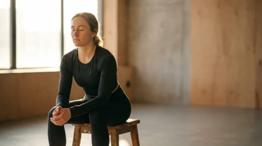 Athlète en position de concentration avec les yeux fermés, lumière dorée symbolisant la visualisation mentale et la performance