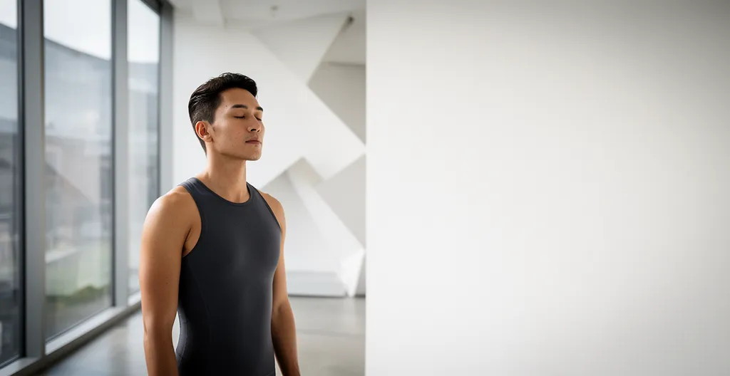 Un athlète concentré les yeux fermés pratiquant la visualisation mentale dans un environnement épuré et lumineux