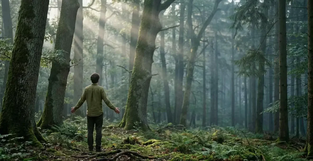 Personne pratiquant le bain de forêt dans un environnement forestier paisible baigné de lumière naturelle