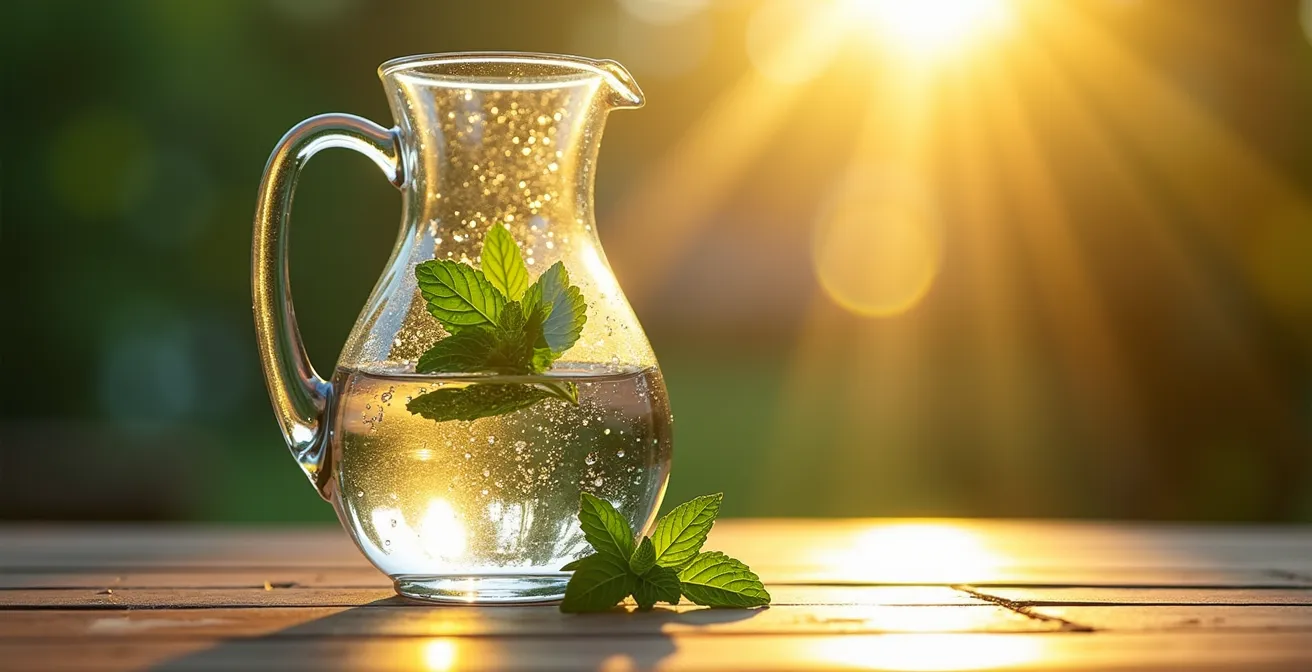 Carafe d'eau cristalline exposée à la lumière dorée du soleil matinal avec des reflets lumineux