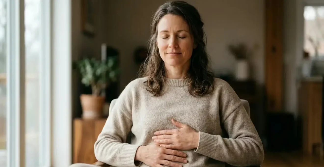 Femme sereine les mains posées sur son ventre, lumière douce symbolisant la connexion corps-esprit