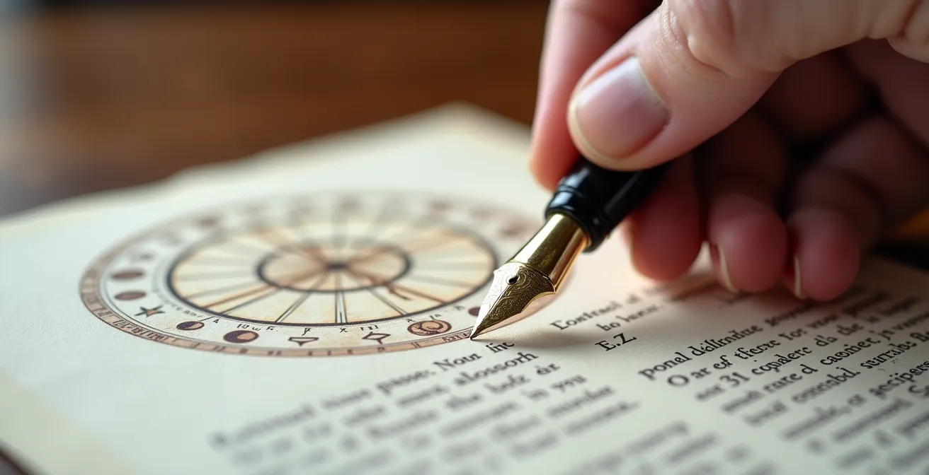 Main tenant un stylo au-dessus d'un document flou avec calendrier astrologique en arrière-plan