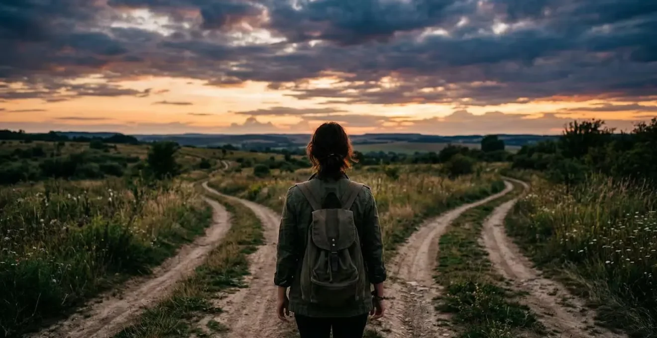 Personne contemplative à un carrefour de chemins au crépuscule, symbolisant les choix de milieu de vie
