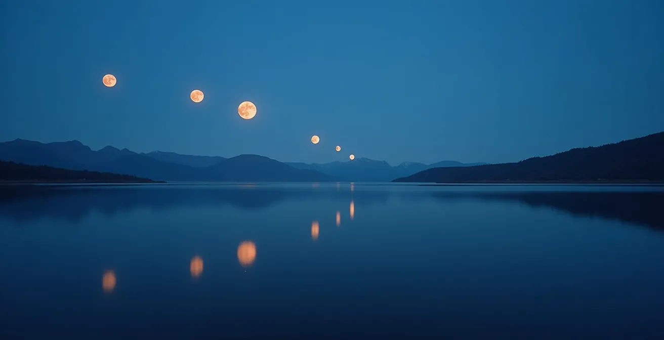 Paysage naturel montrant les quatre phases lunaires reflétées dans un lac calme