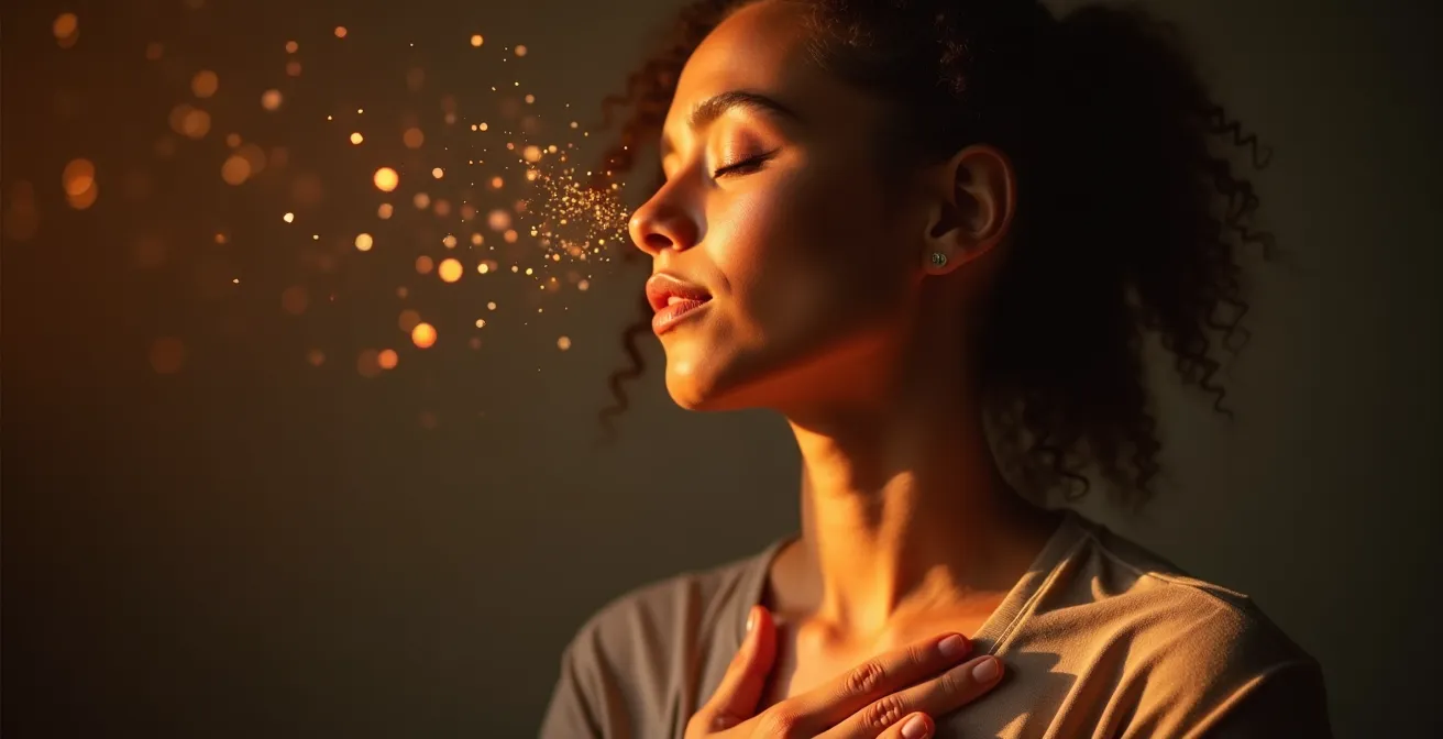 Personne assise en position de dialogue intérieur avec représentation abstraite du mental