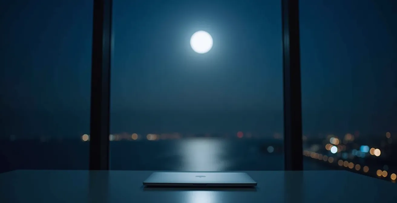 Bureau minimaliste avec ordinateur portable montrant un site web en construction sous la lumière lunaire