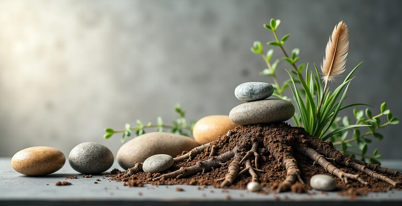 Composition montrant quatre éléments naturels avec accent sur la terre, représentée par des cristaux et des racines