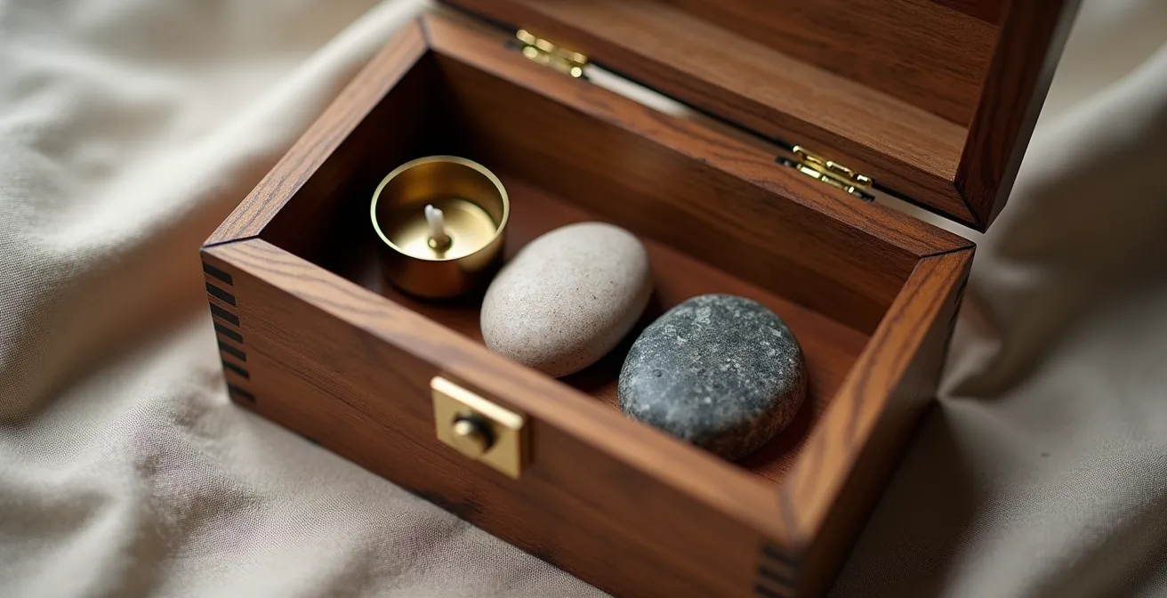 Boîte décorative ouverte contenant des objets de méditation sur un coussin au sol