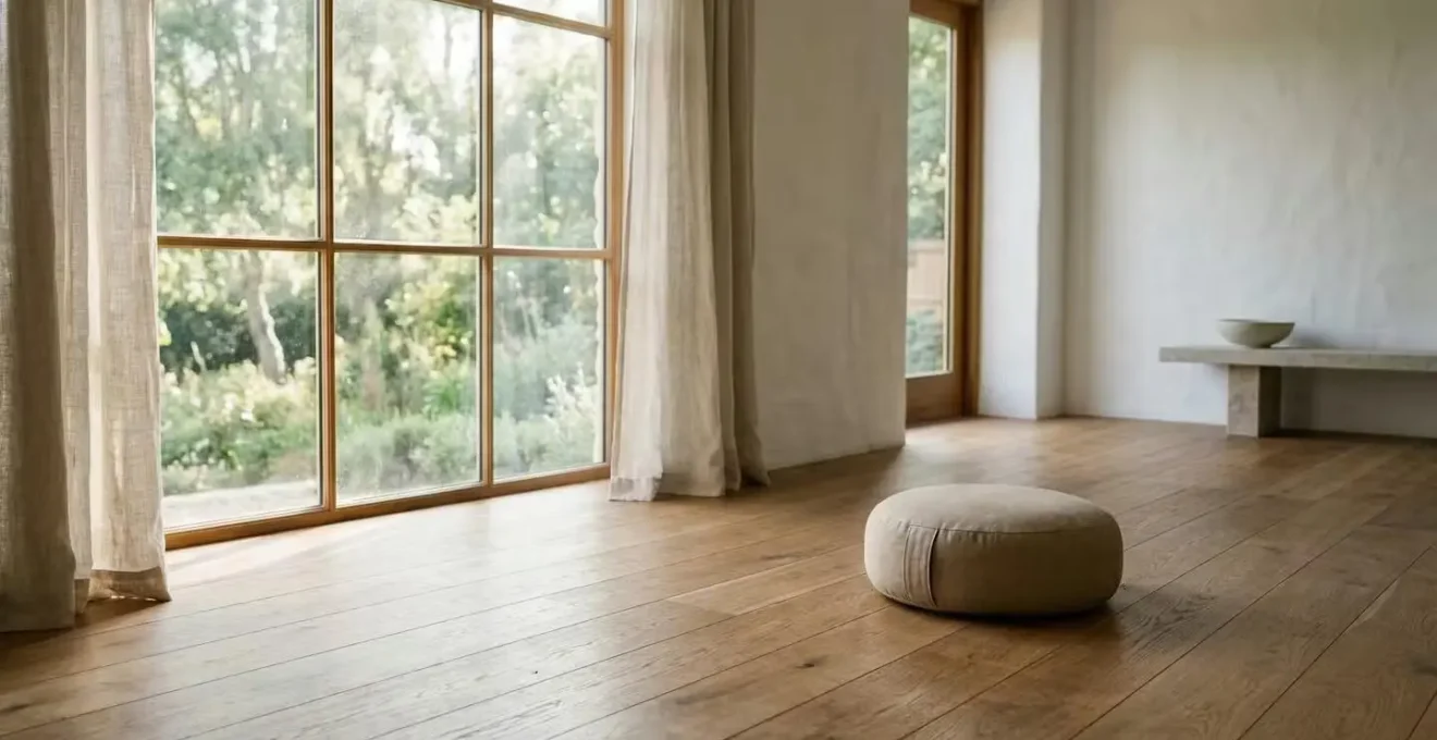 Espace minimaliste de méditation avec lumière naturelle douce évoquant la détente mentale et l'état de flow