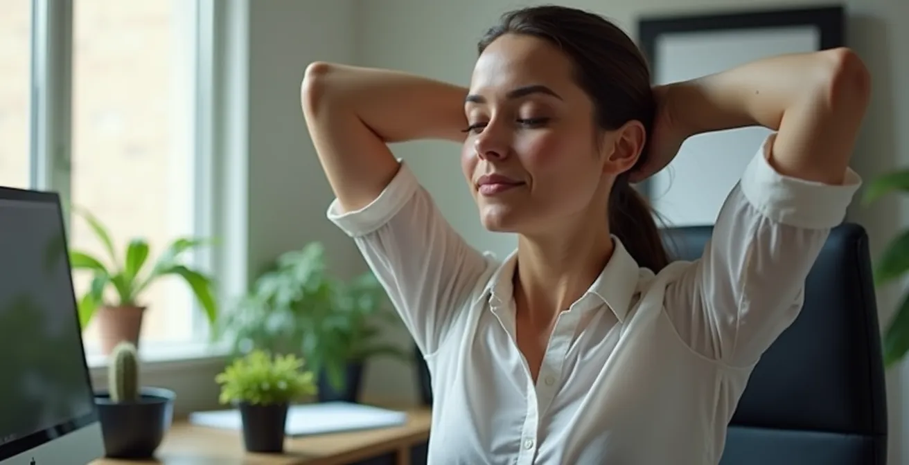 Personne effectuant des étirements des trapèzes à son bureau avec une posture de libération