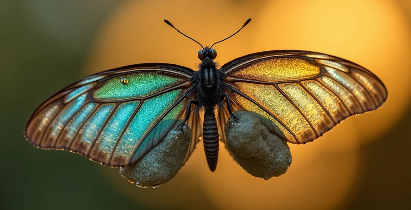 Vue macro de papillon émergeant de chrysalide symbolisant la transformation personnelle