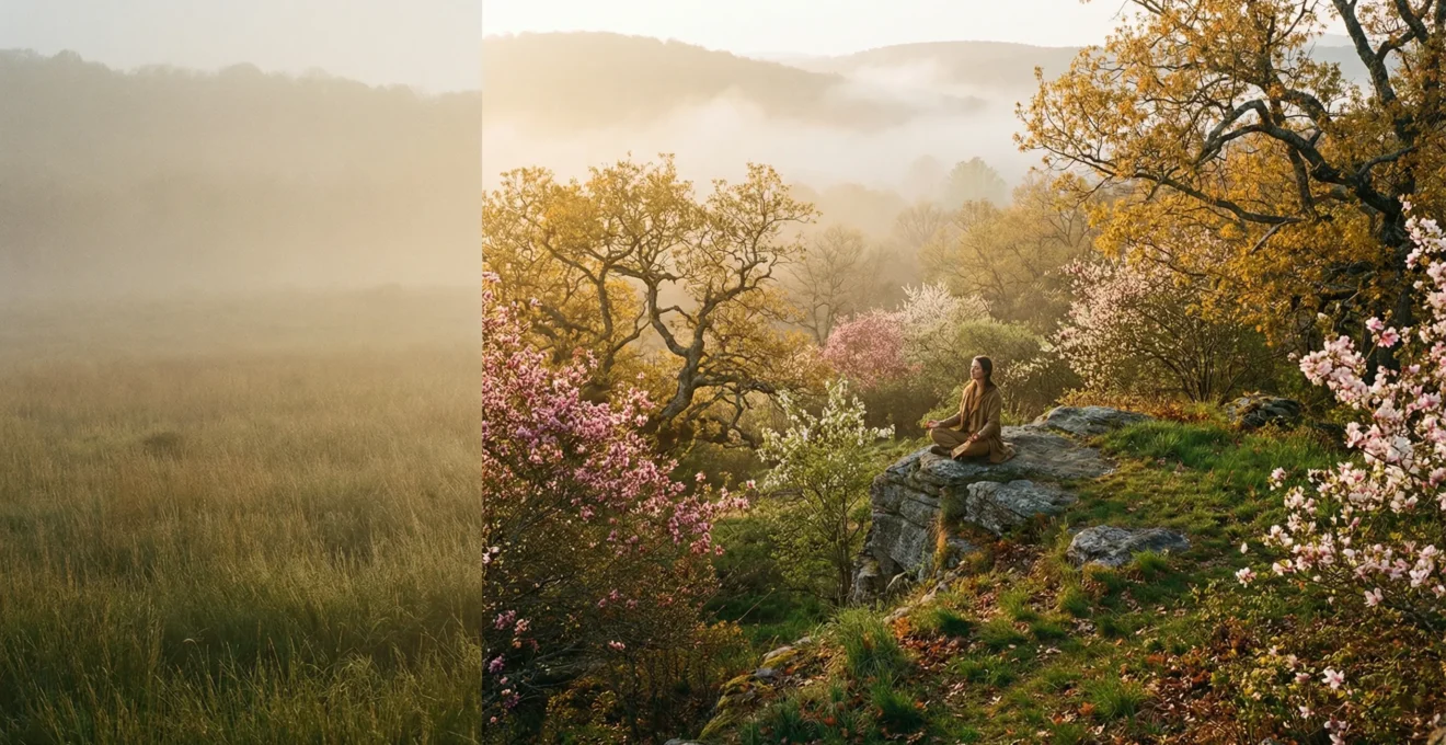 Silhouette méditative dans un paysage naturel aux couleurs changeantes évoquant les quatre saisons en harmonie