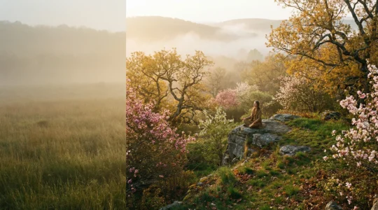 Silhouette méditative dans un paysage naturel aux couleurs changeantes évoquant les quatre saisons en harmonie