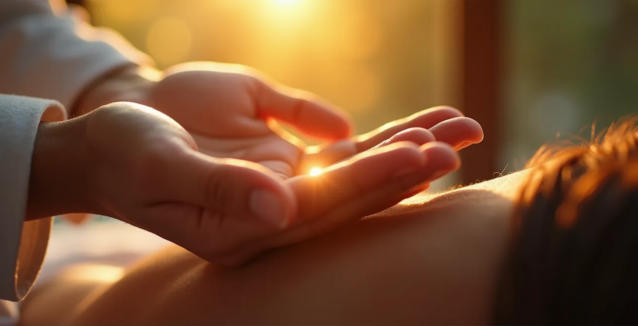 Gros plan macro sur des mains de praticien en position d'imposition au-dessus d'un patient