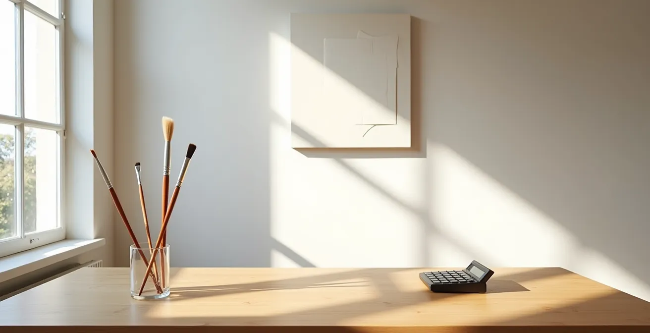 Espace de travail minimaliste avec éléments symbolisant l'équilibre entre passion et profession