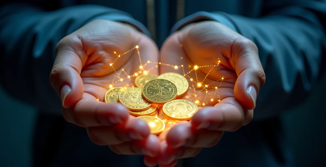 Mains tenant un thème astral lumineux avec des pièces d'or transformées en étoiles