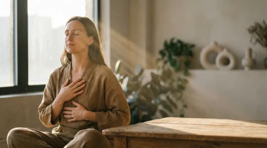 Personne en méditation avec les mains sur le cœur, lumière douce symbolisant l'éveil intuitif