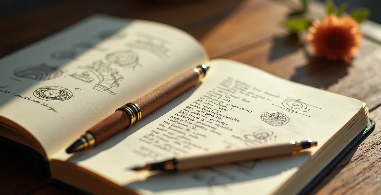 Carnet ouvert avec stylo posé, lumière naturelle douce