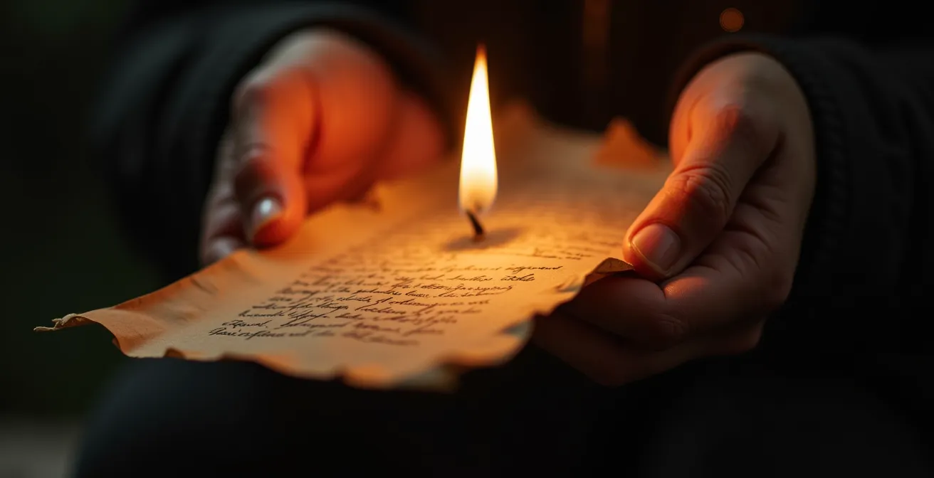 Main tenant une lettre manuscrite au-dessus d'une flamme de bougie dans une ambiance méditative