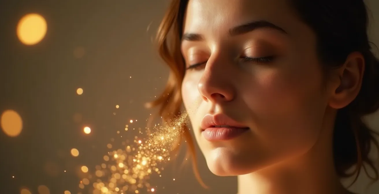 Une personne en méditation libérant des liens énergétiques lumineux qui se dissolvent dans l'espace