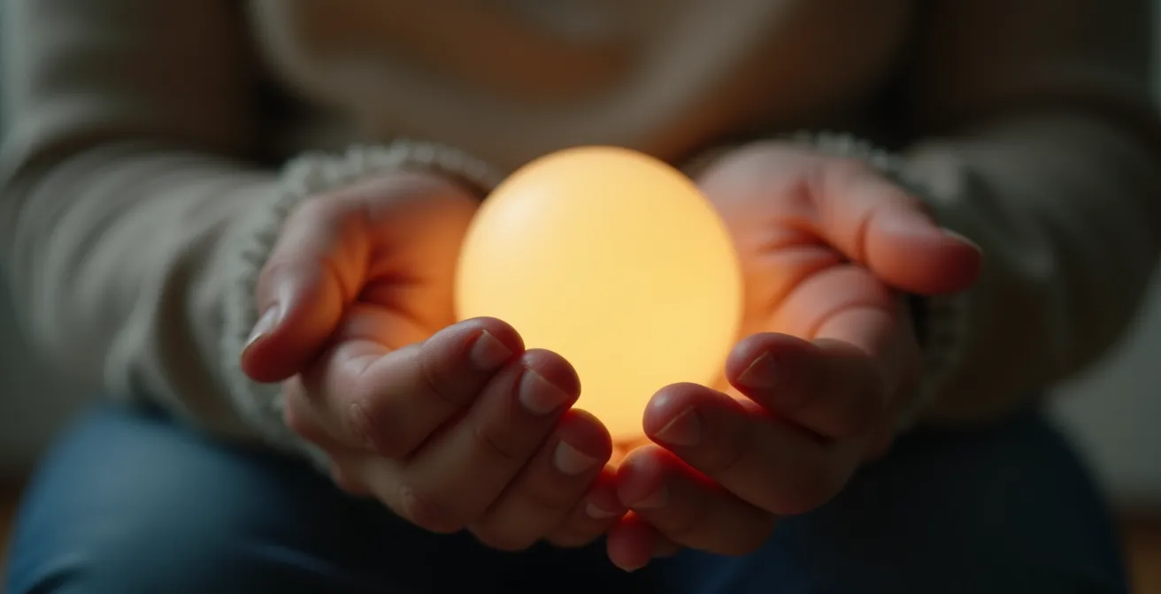 Mains d'adulte et d'enfant tenant délicatement une sphère lumineuse symbolisant les besoins émotionnels