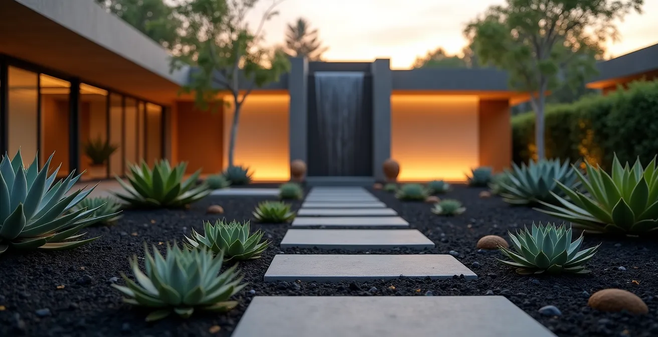 Jardin zen avec fontaine moderne représentant l'équilibre entre stabilité terrestre et innovation aérienne