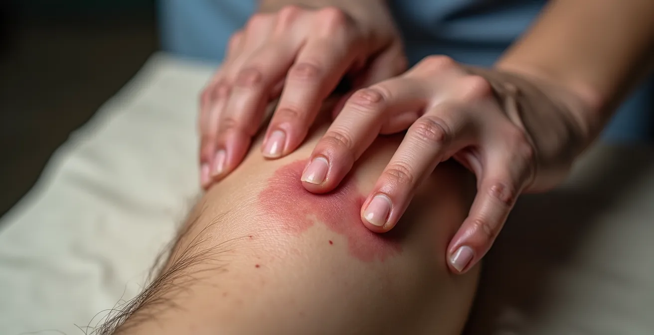 Gros plan sur des mains de magnétiseur au-dessus d'une zone de peau enflammée en cours d'apaisement