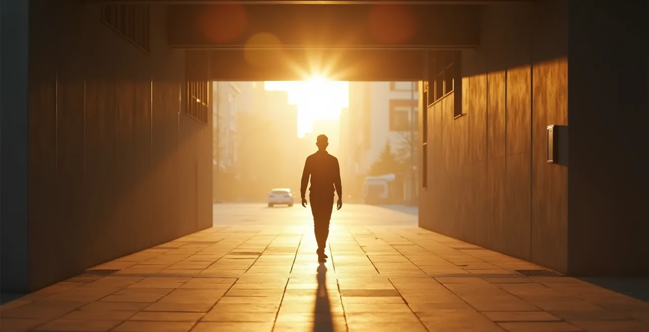 Personne pratiquant la marche méditative dans un environnement urbain