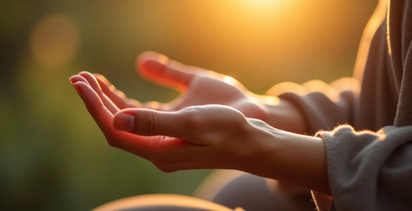 Gros plan sur une main posée sur le cœur pendant la méditation, lumière douce filtrant à travers