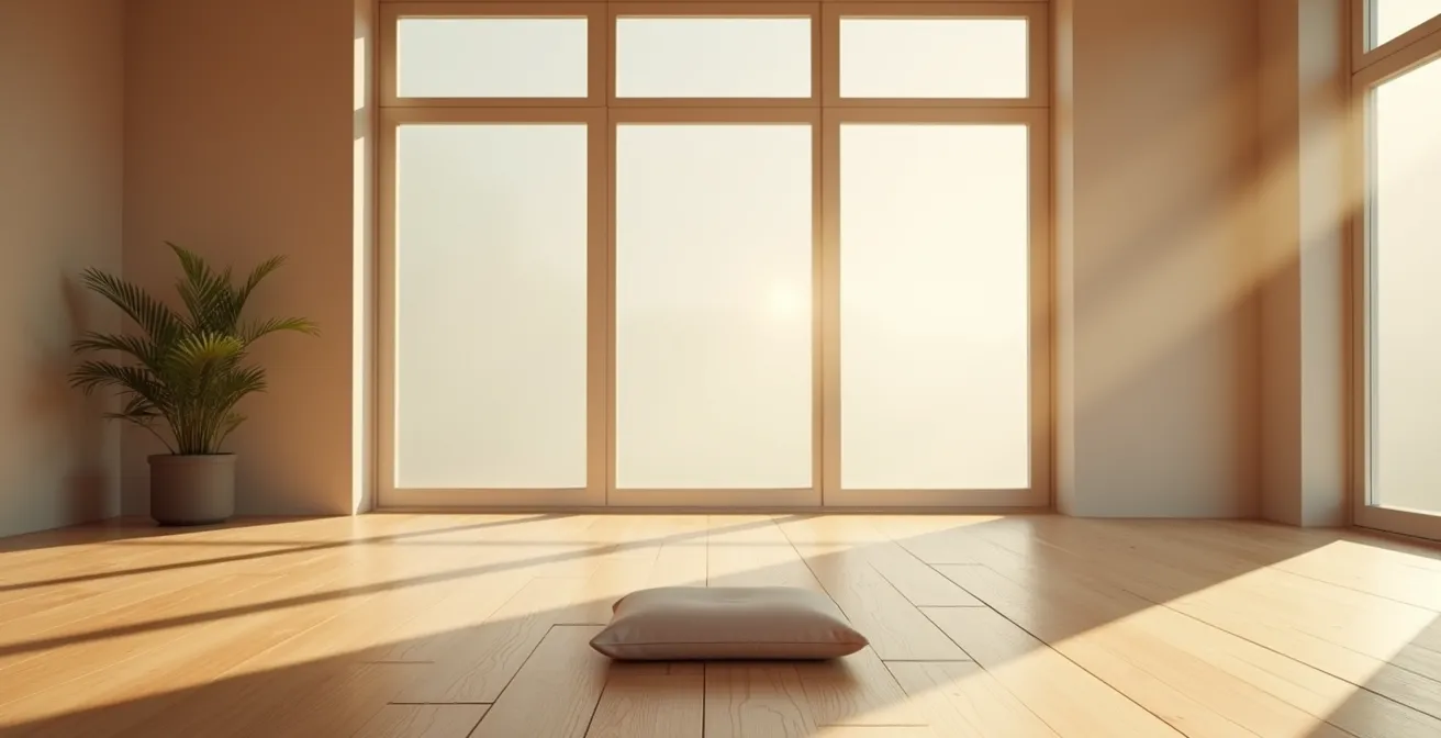 Environnement méditatif minimaliste avec lumière douce traversant un espace épuré