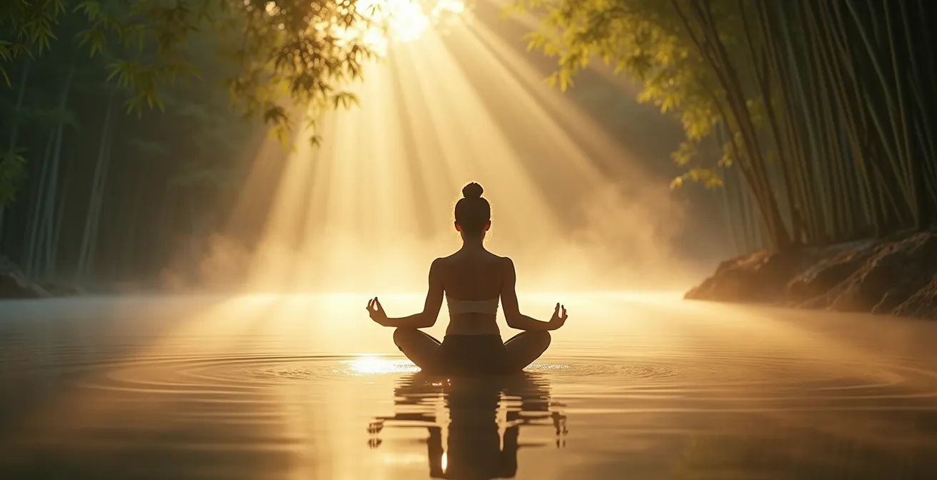 Personne pratiquant la méditation dans un environnement naturel apaisant pour équilibrer l'énergie du Foie