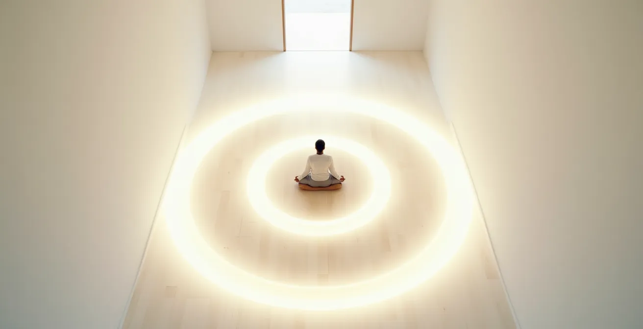 Vue en plongée d'une personne méditant dans un espace épuré avec des cercles concentriques de lumière s'estompant progressivement