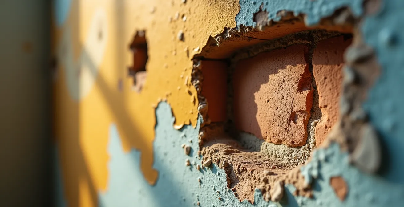 Mur ancien en pierre avec jeu d'ombres et lumières révélant les couches du temps