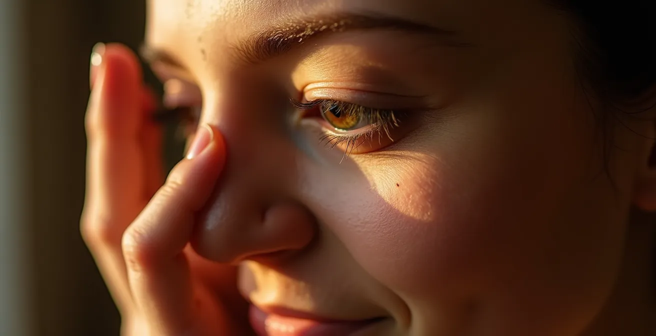 Détail macro d'une tempe humaine avec visualisation subtile du méridien énergétique