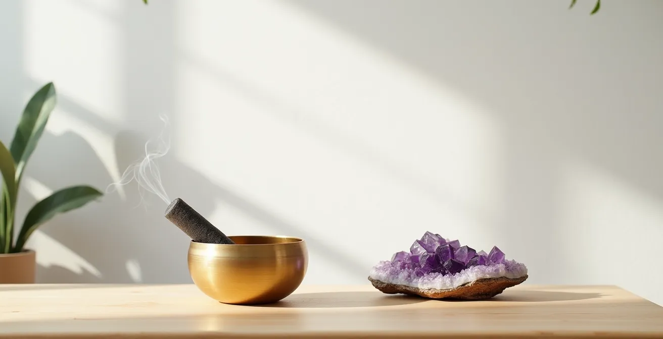 Arrangement minimaliste montrant un bol tibétain, de la sauge et une géode d'améthyste dans une ambiance zen
