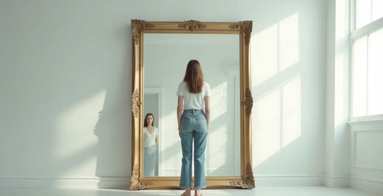 Personne face à un miroir reflétant différentes facettes émotionnelles