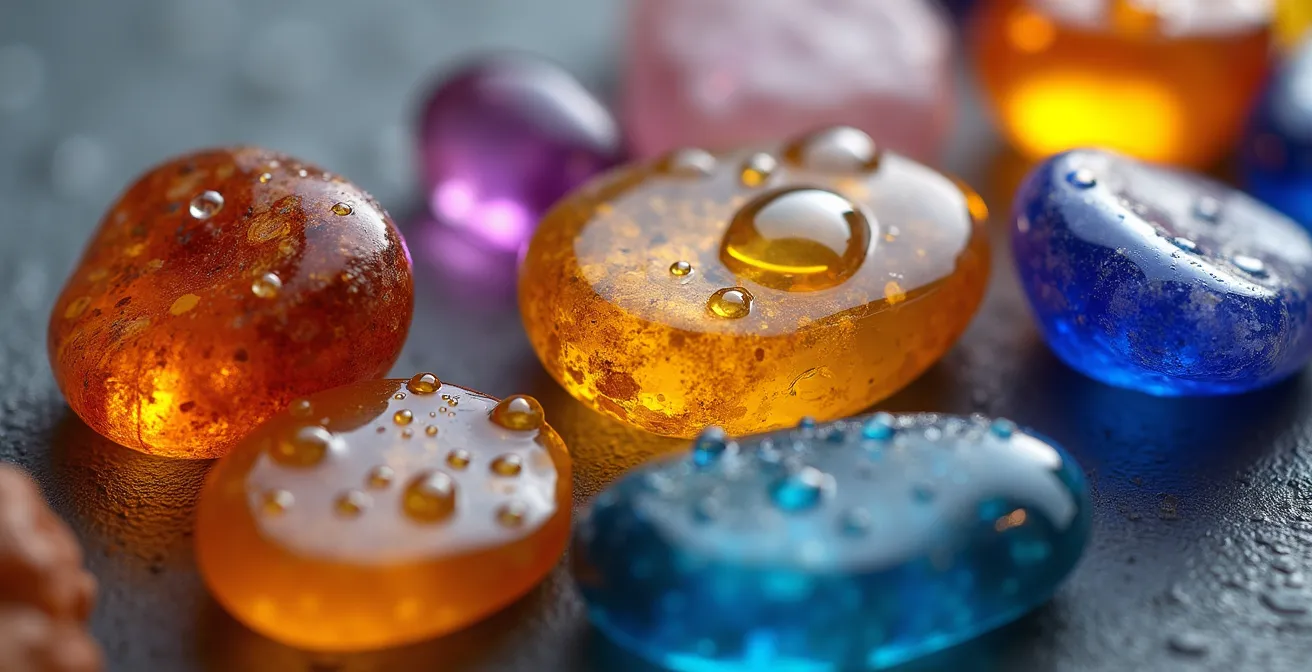 Macro photographie de pierres semi-précieuses de différentes couleurs disposées en gradient naturel