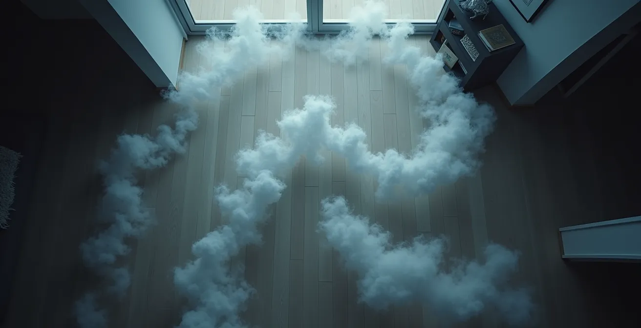 Vue aérienne schématique du parcours de purification dans un appartement avec trajectoire de la fumée de sauge