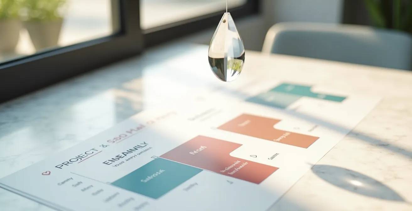 Pendule en cristal suspendu au-dessus d'un diagramme de Gantt avec phases de projet colorées