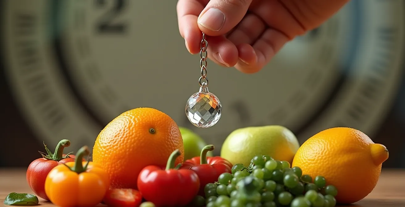 Main tenant un pendule au-dessus de fruits frais avec cadran énergétique en arrière-plan