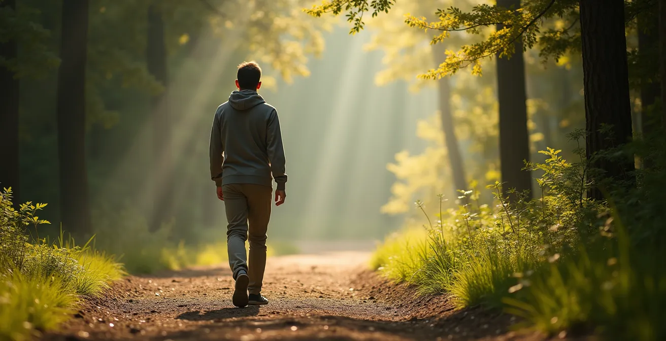 Silhouette d'une personne marchant sur un sentier forestier baigné de lumière filtrée