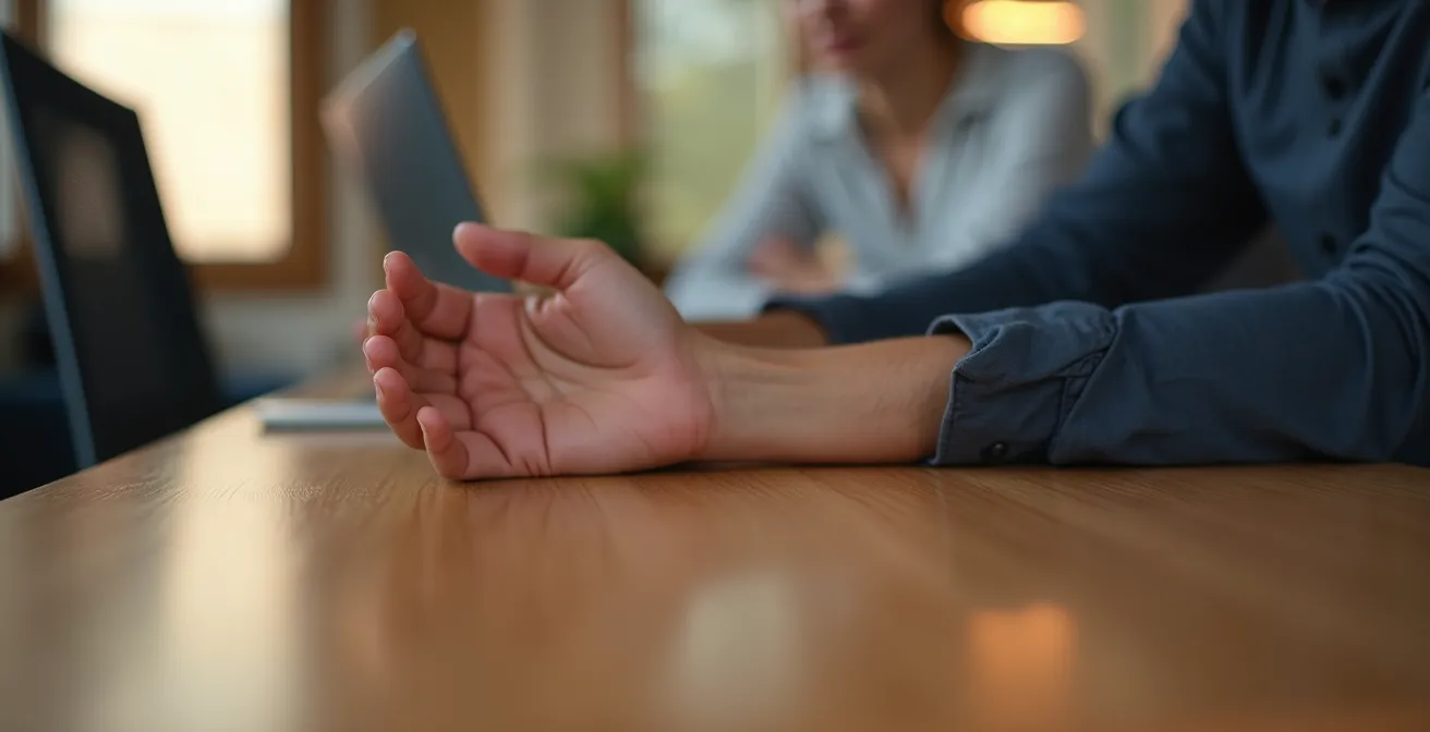 Main posée calmement sur un bureau, respiration consciente au travail
