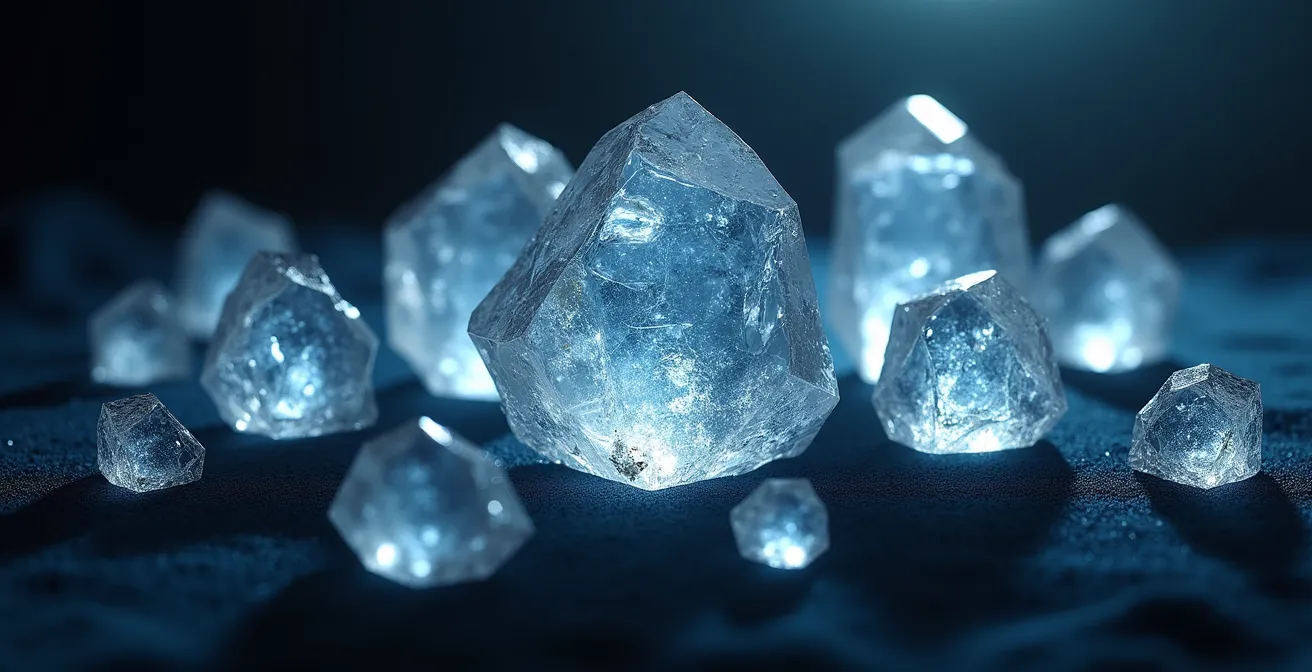 Représentation symbolique d'une planète dominante à travers des cristaux énergétiques